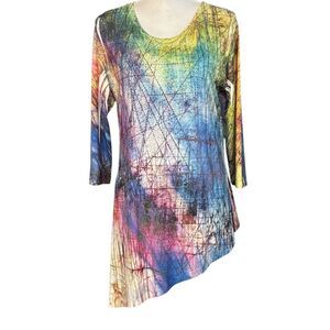 Jess & Jane Tunic Size Small Blue Abstract Asymmetric Hem Sequin Boho Artsy USA